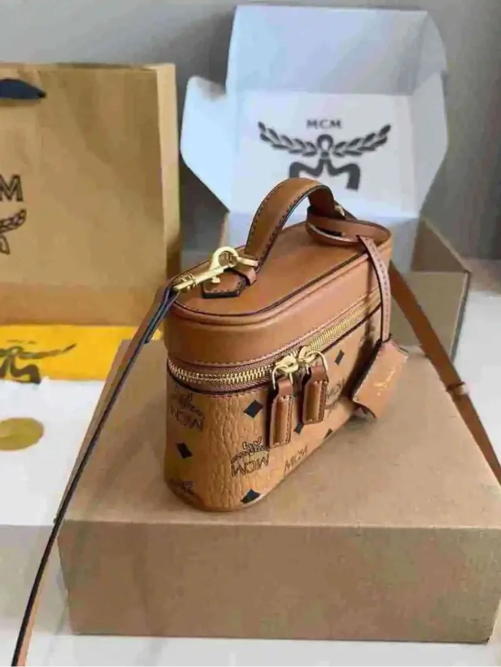 MCM Cognac Visetos Mini Vanity Crossbody with Gold Hardware